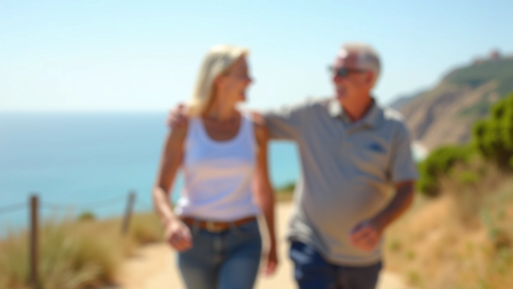 Senior man and woman walking together on a sunny coastal path in Portugal