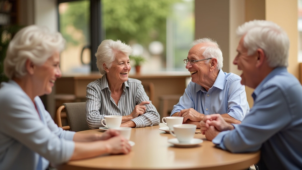 Group of senior adults sitting around a table having coffee and conversation