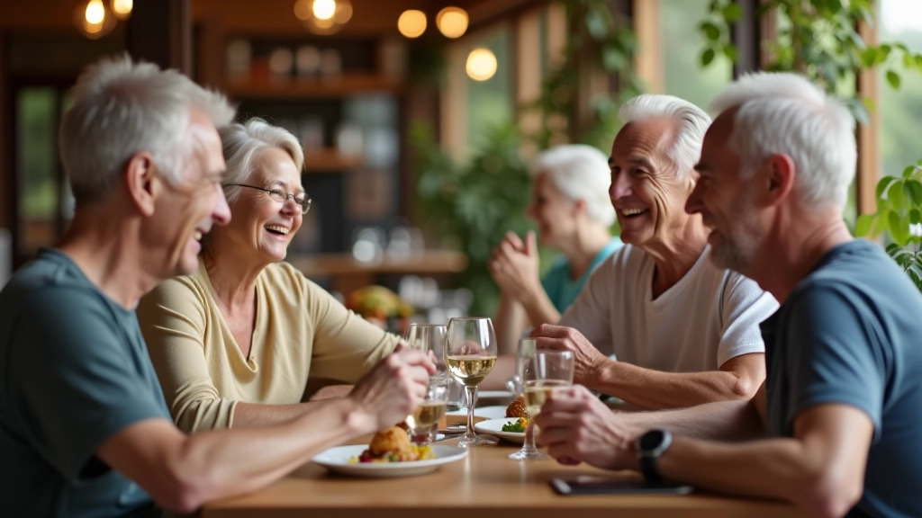 Older adults gathered around a table at a restaurant or café, sharing a meal and conversation