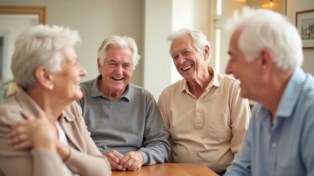 Group of older adults laughing together during a community activity in a bright, welcoming indoor space