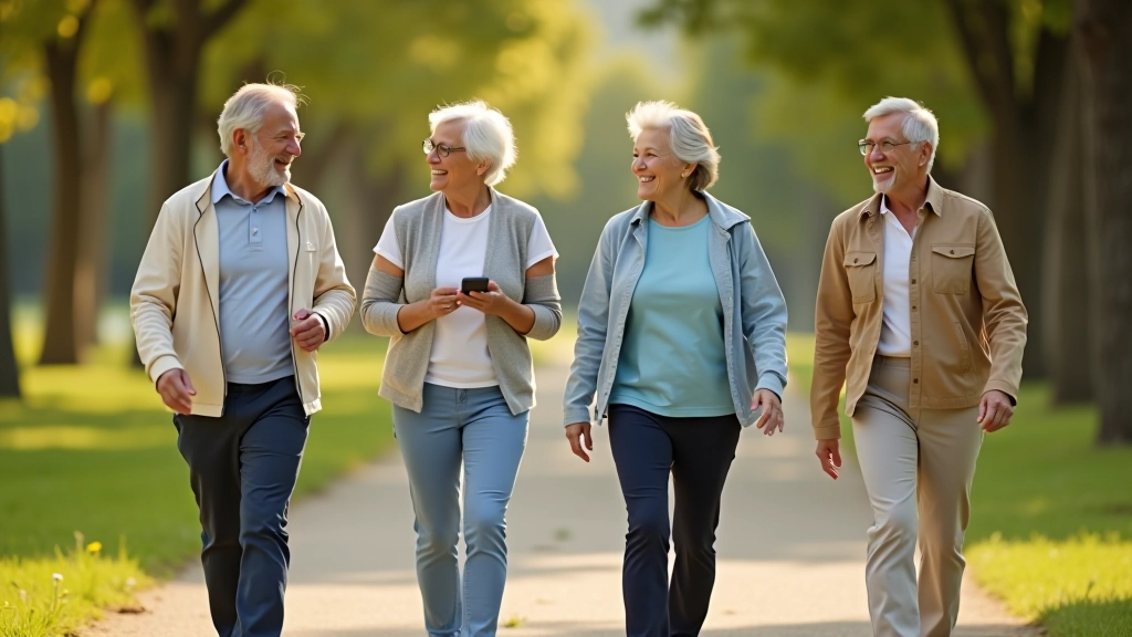 Group of four seniors aged 60-75, fully clothed in casual athletic wear, walking together on a park path, smiling and engaged in conversation