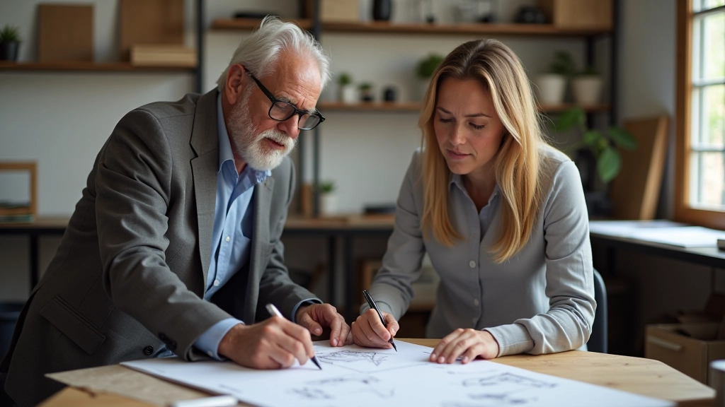 Mature man mentoring a younger person at a wooden desk with sketches and design materials in a bright workshop setting