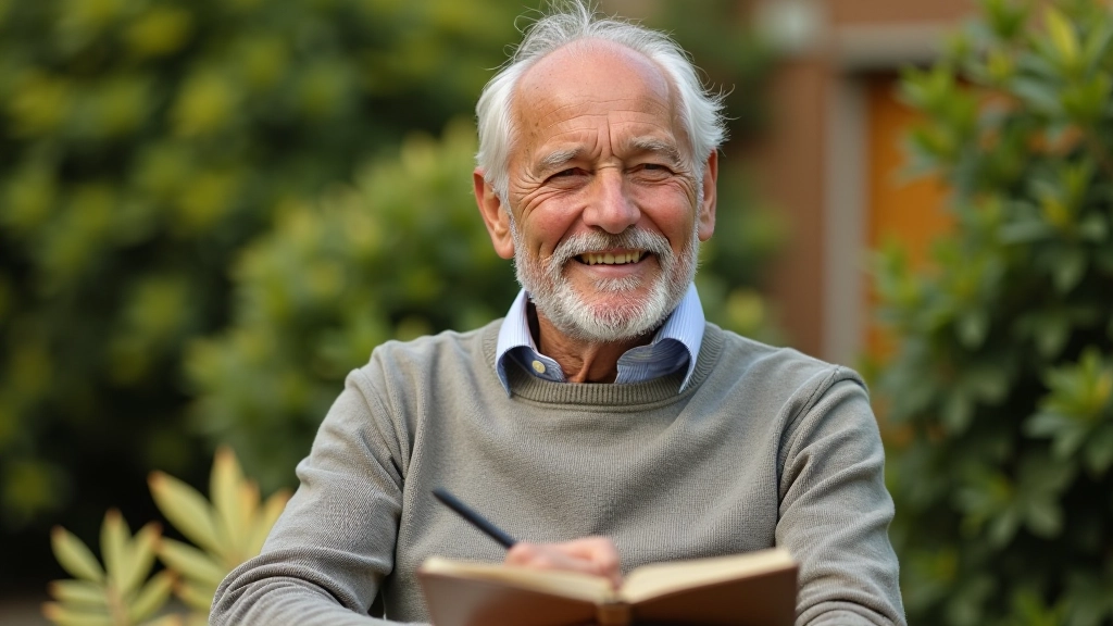 Senior man sitting outdoors with a journal and pen, overlooking a garden