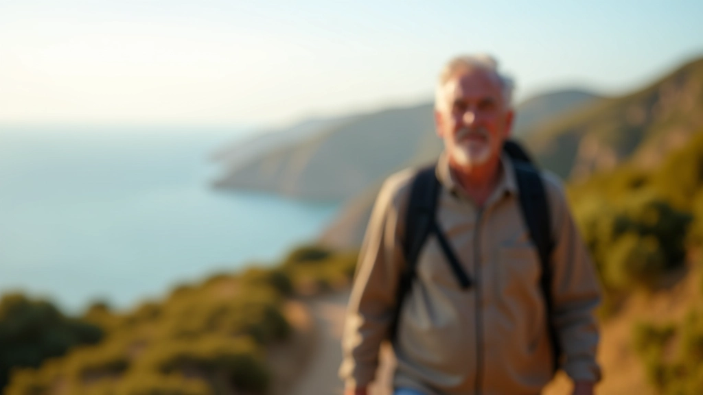 Older man walking on a scenic coastal trail in the Algarve region