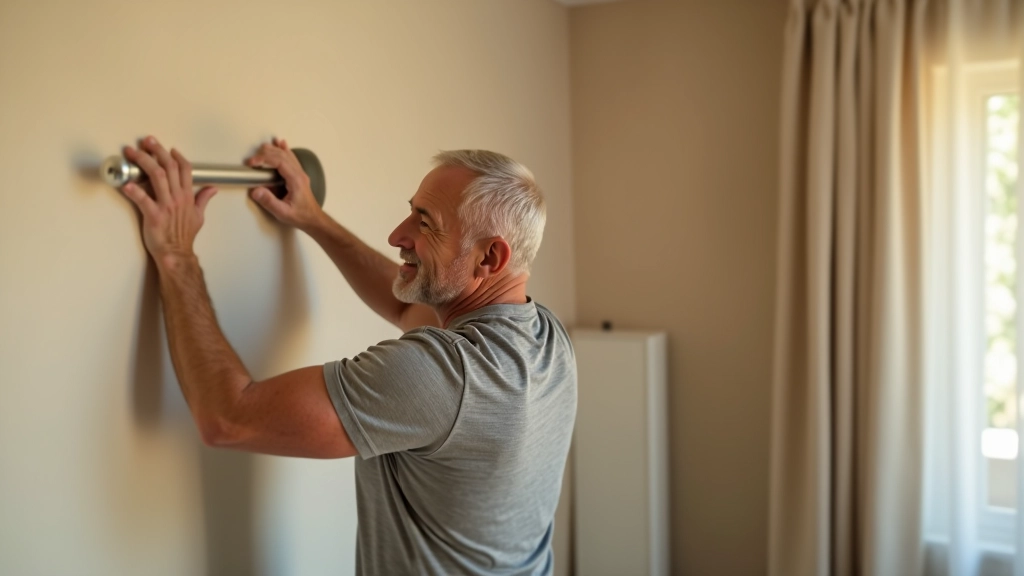 Senior man doing gentle wall push-ups against a painted wall in a home fitness space