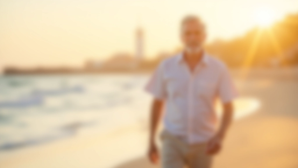 Older man walking alone on a beach with golden hour lighting, peaceful expression, casual clothing