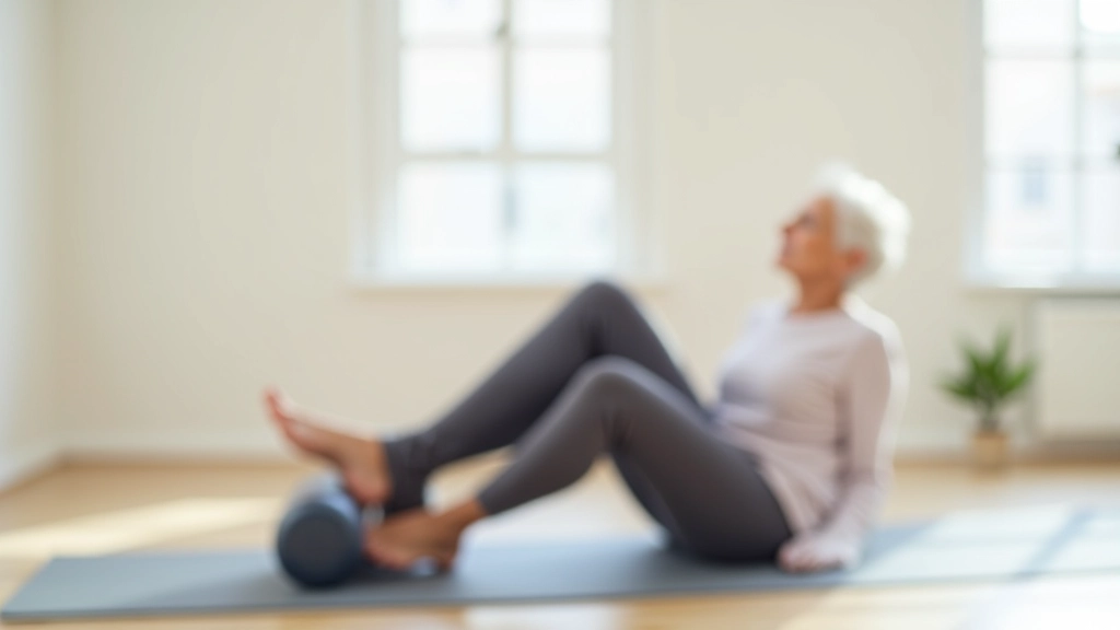 Person rolling out sore muscles using a foam roller on their leg while seated on a yoga mat