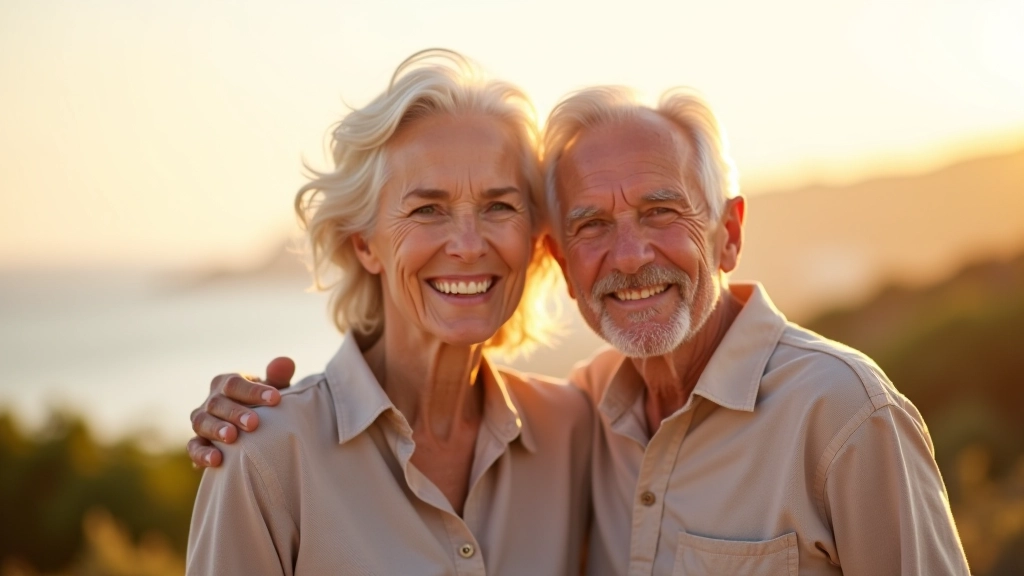 Mature couple smiling outdoors with Portuguese coastal background
