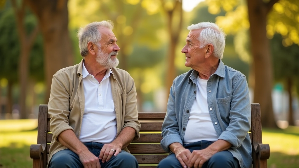 Two older adults sitting on a park bench having a conversation, natural sunlight, outdoor setting