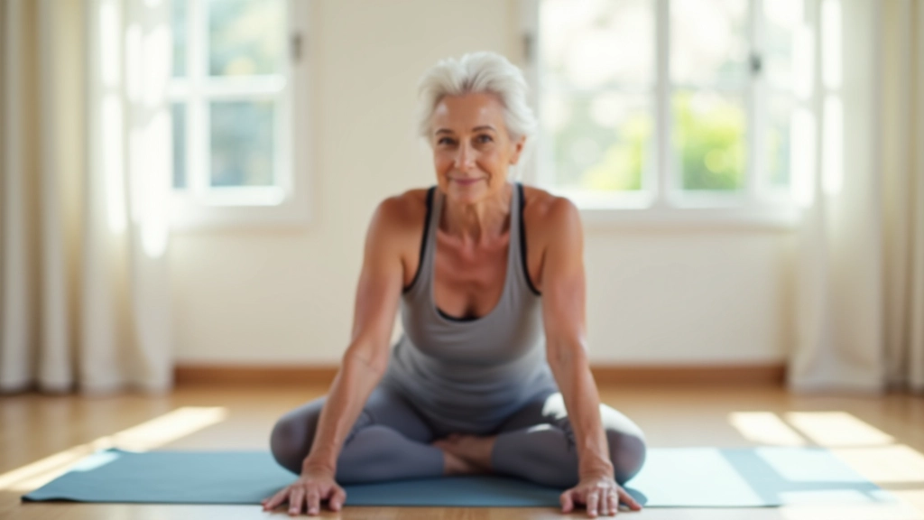 Senior woman doing flexibility exercises on a yoga mat in a bright room