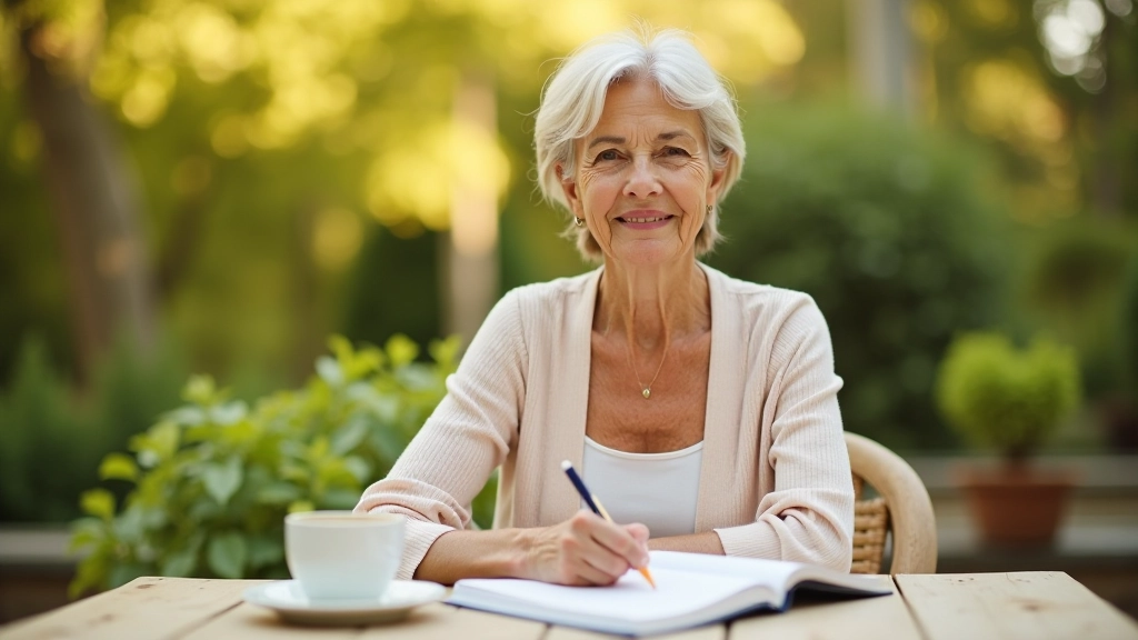 Mature woman writing in a journal at a peaceful outdoor table with a warm beverage and plants surrounding her