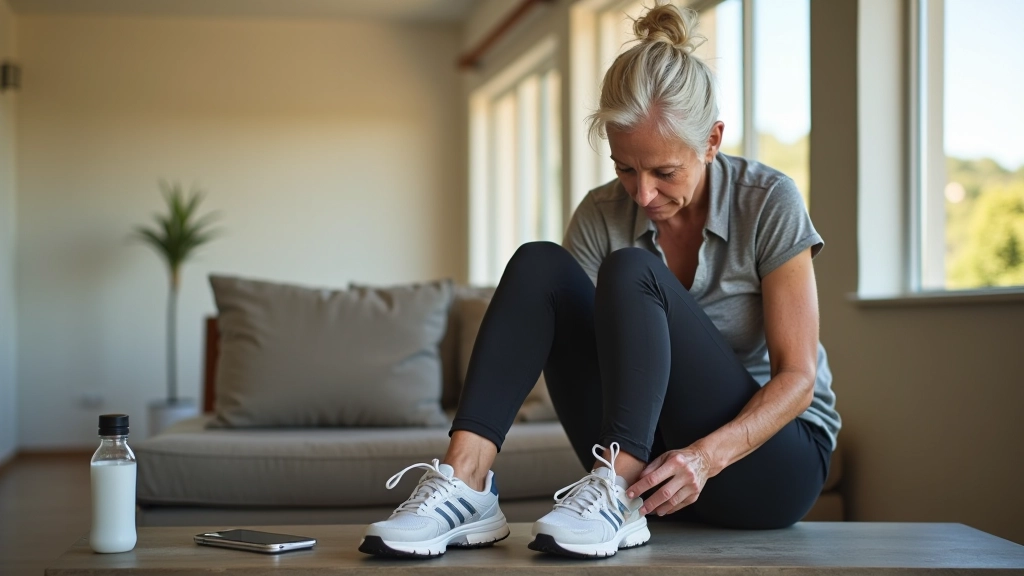 Older woman tying athletic shoes, sitting on a bench with water bottle and phone nearby, morning light