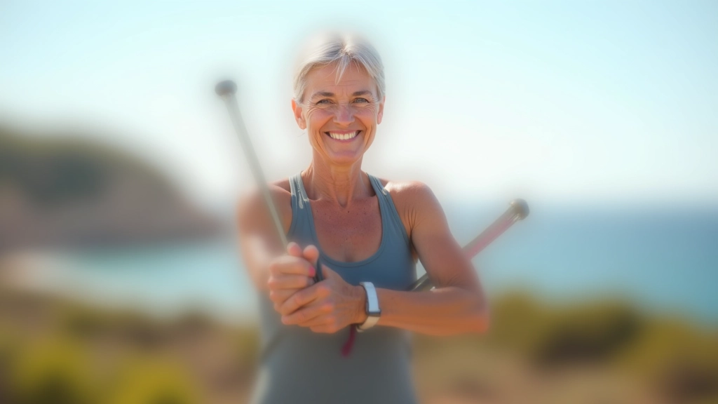 Senior woman smiling while doing outdoor strength training on a sunny day in Portugal