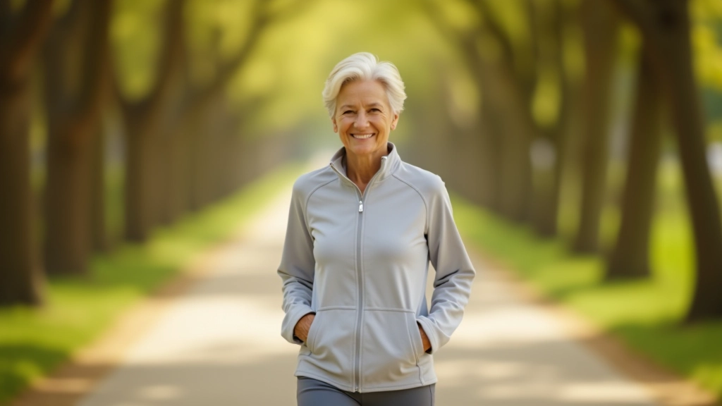 Older woman walking outdoors on a tree-lined path, smiling with relaxed posture, bright natural daylight